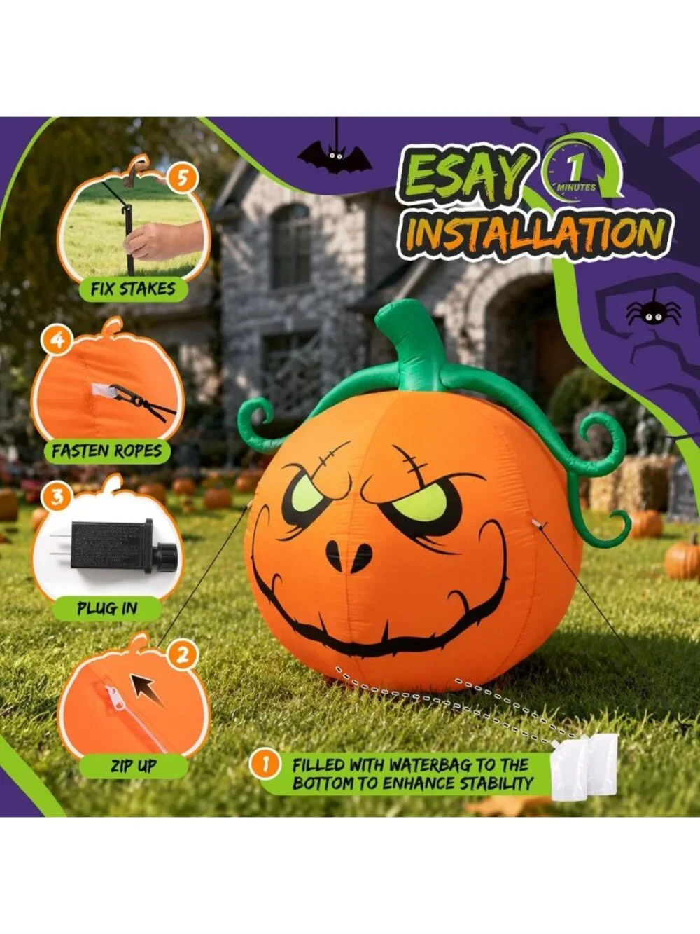 5FT Inflatable Pumpkin Yard Decoration for Halloween Festive Outdoor Decor
